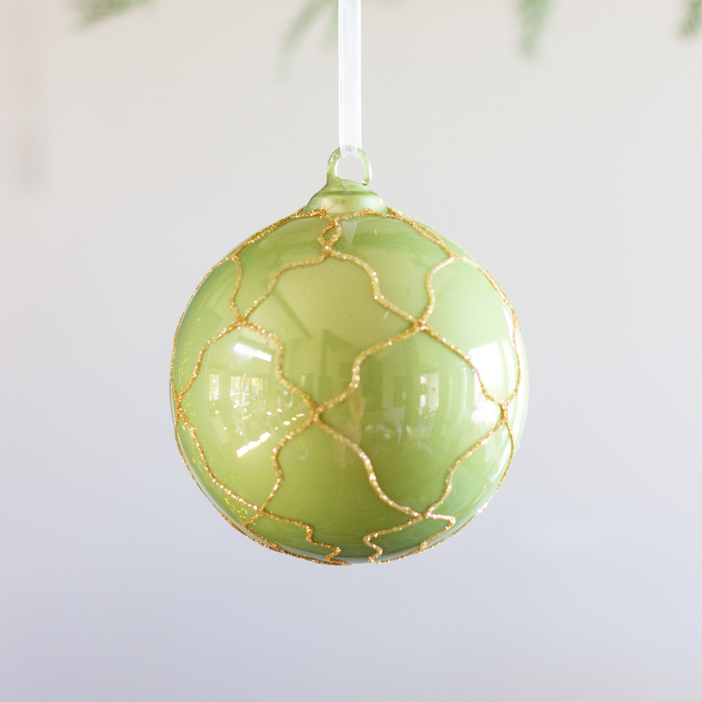 4” Green Ball Ornament with Gold Detail Noel Decor