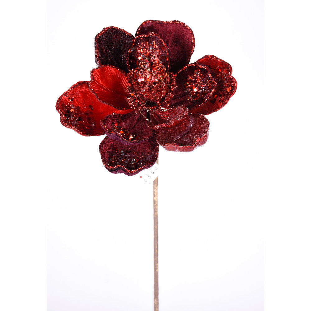 Red/Burgundy Magnolia Jeweled Glitter Stem