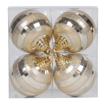 4" Champagne Shiny and Matte Mirror Ball Christmas Ornament (Box of 4)