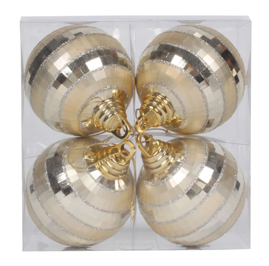 4" Champagne Shiny and Matte Mirror Ball Christmas Ornament (Box of 4)