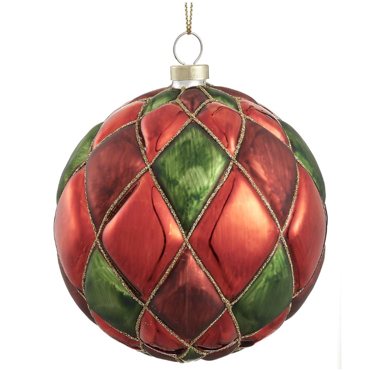 4" Glittered Red and Green Glass Ball Ornament
