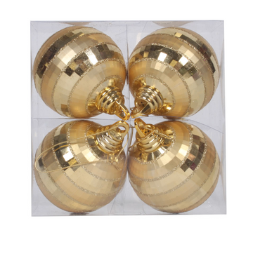 4" Gold Shiny and Matte Mirror Ball Christmas Ornament (Box of 4)