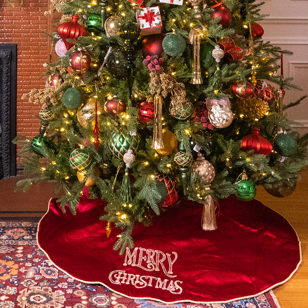 Merry Christmas Embroidered Red Velvet Tree Skirt