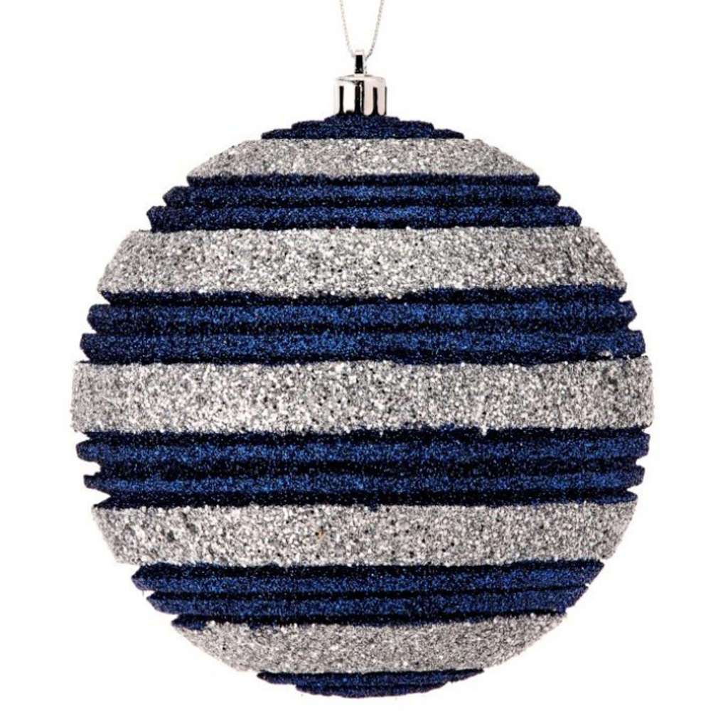 Glitter Blue and Silver Striped Ball Ornament