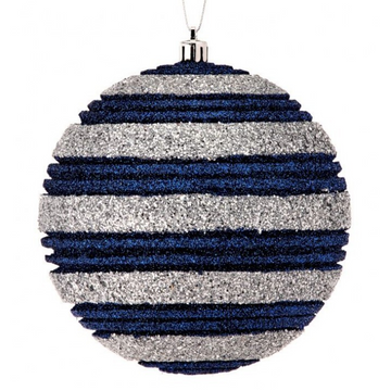 Glitter Blue and Silver Striped Ball Ornament