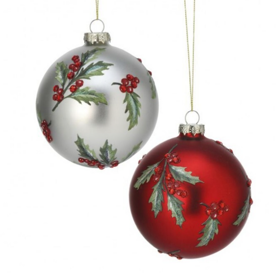 4” Glass Holly Jeweled Ball Ornament (Set of 2)