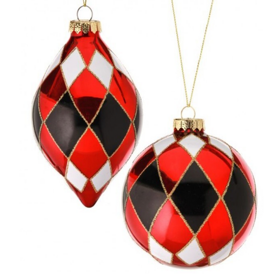 4-5” Harlequin Black Red and White Ornament (Set of 2)