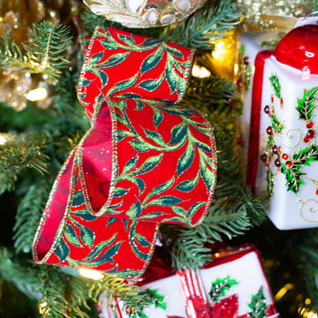 2.5” Red Velvet Ribbon with Leaf Design