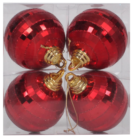 4" Red Shiny and Matte Mirror Ball Christmas Ornament (Box of 4)
