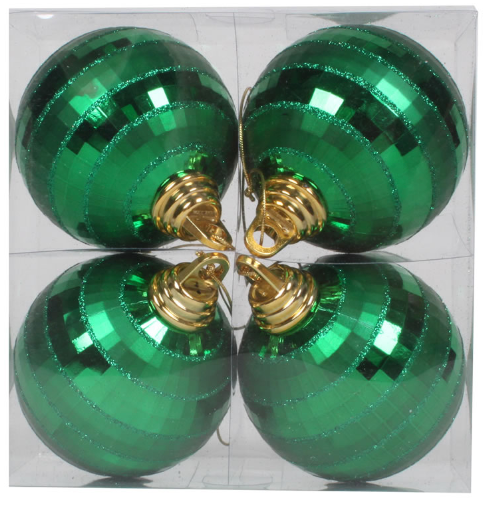 4" Green Shiny and Matte Mirror Ball Christmas Ornament (Box of 4)