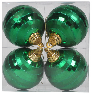 4" Green Shiny and Matte Mirror Ball Christmas Ornament (Box of 4)