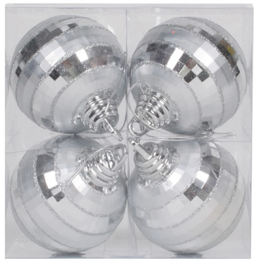 4" Silver Shiny and Matte Mirror Ball Christmas Ornament (Box of 4)