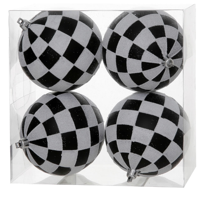 4" Black and White Checkered Glitter Ball (Box of 4)