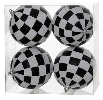 4" Black and White Checkered Glitter Ball (Box of 4)