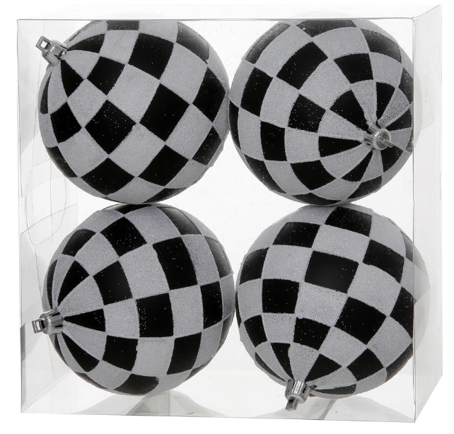 4.7" Black and White Checkered Glitter Ball (Box of 4)