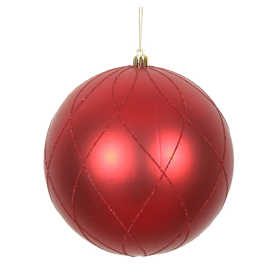 6" Red Matt Glitter Swirl Ball Ornament (Box of 3)