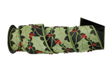 4" Holly Dupion Ribbon with Sequins