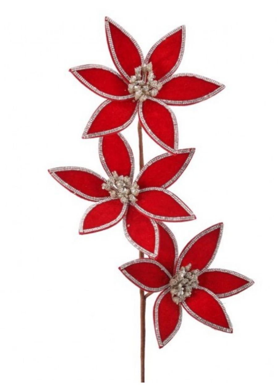 24" Red/Silver Velvet Poinsettia Spray