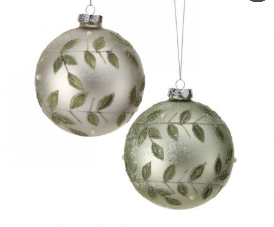 4" Mint Green/Champagne Leaf Glass Ball Ornament (Set of 2)
