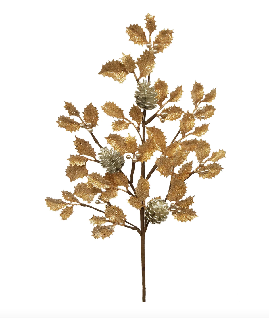 26" Copper/Gold Holly Spray w/Champagne Pinecones