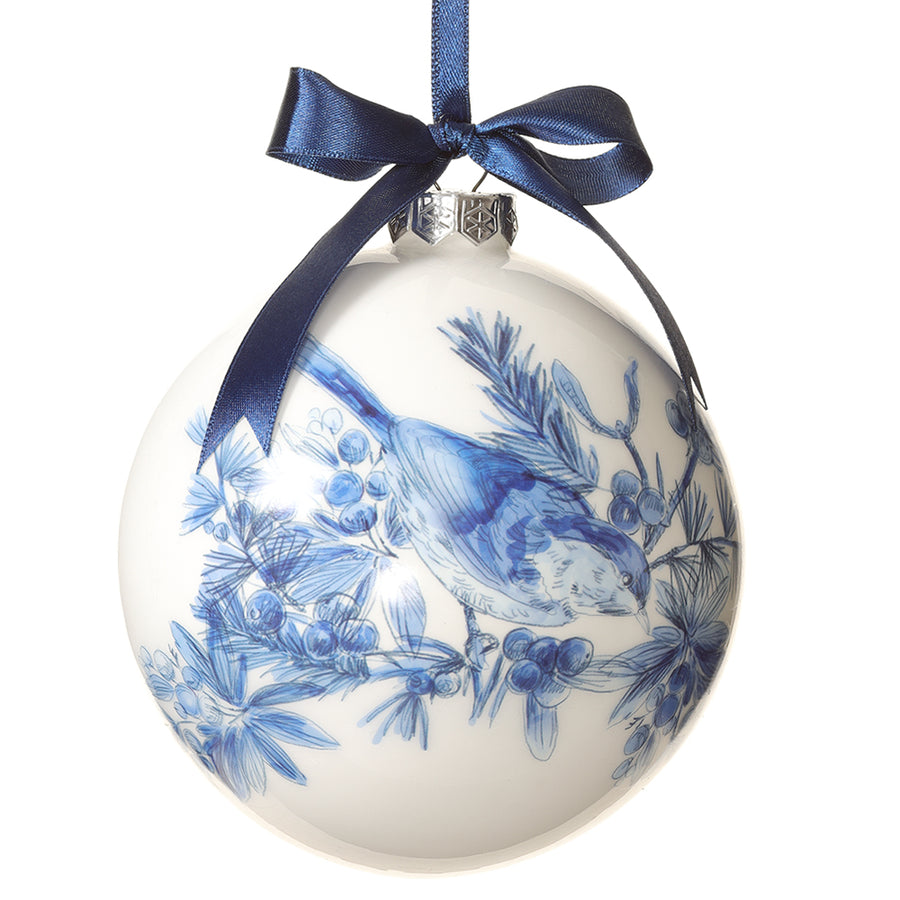 4.75” Blue and White ball Ornament with Bow
