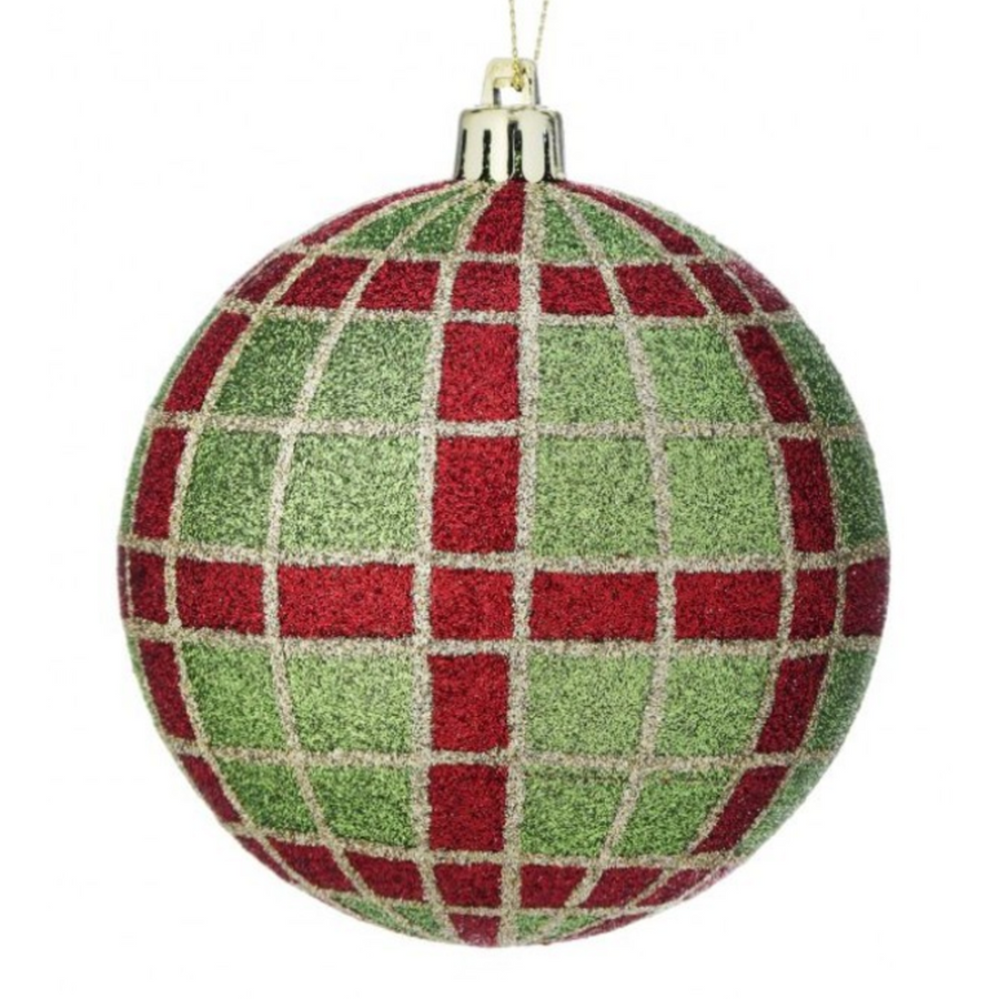 3.9” Green and Red Plaid Glitter Ball Ornament (Box of 4)
