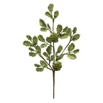 Bright Green Holly Leaf and Pinecone Spray