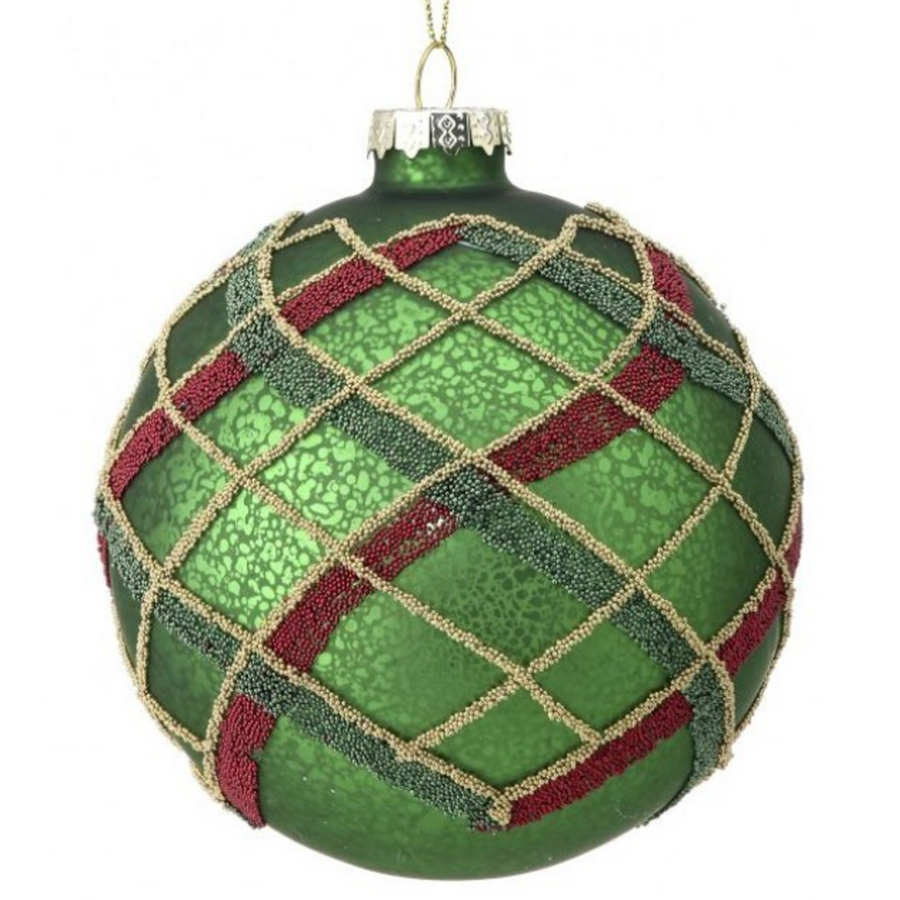 4” Green Red and Gold Beaded Glass Ball Ornament