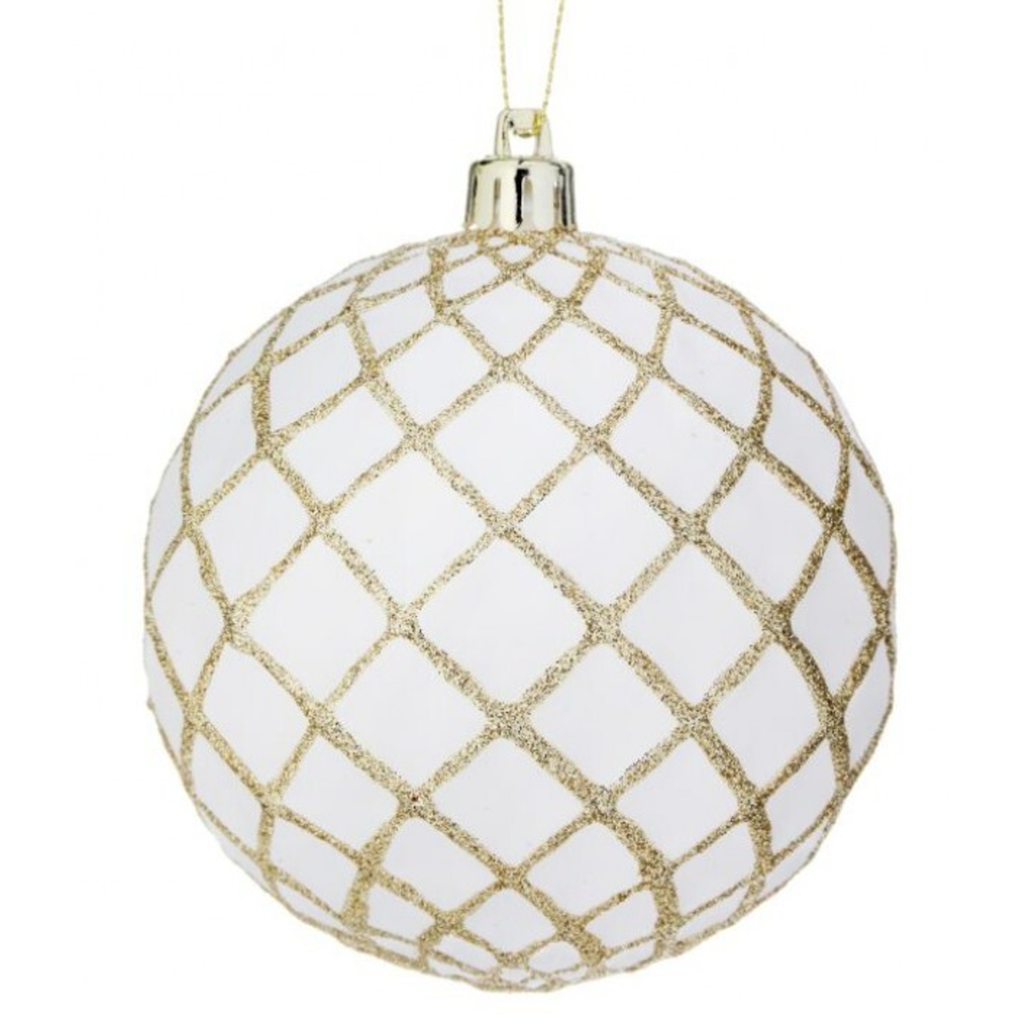 White Ball Ornament with Gold Swirl Detail (Box of 4) Noel Decor