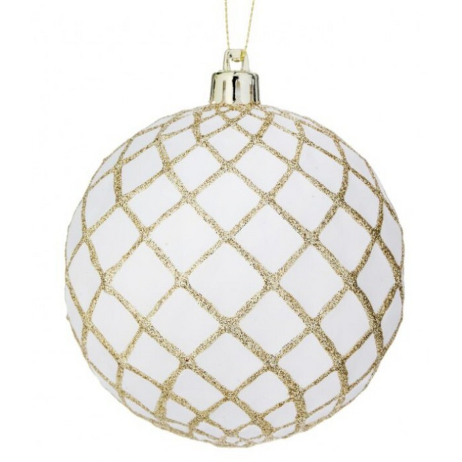 3.9” White Ball Ornament with Gold Swirl Detail (Box of 4)