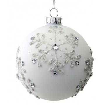 4” White Ball Ornament with Snowflake Detail