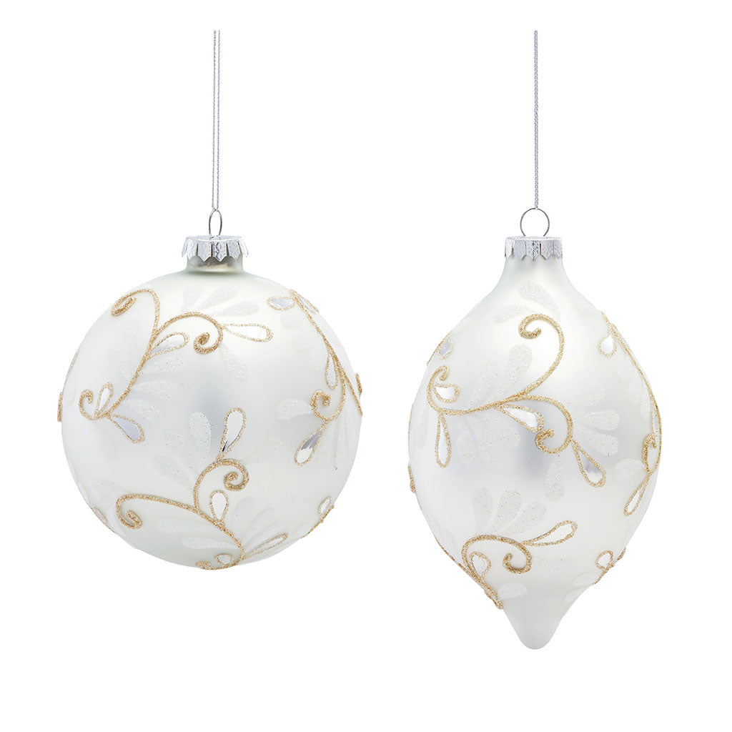 5.75-7.25” White Glass Ornaments with Gold Swirls (Set of 2)