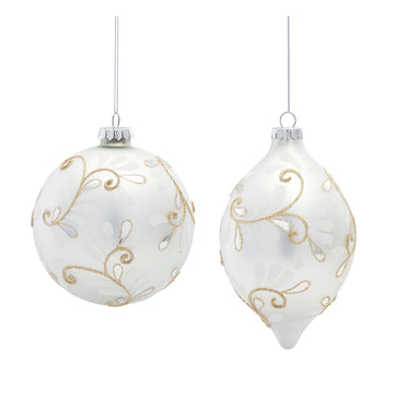 5.75-7.25” White Glass Ornaments with Gold Swirls (Set of 2)