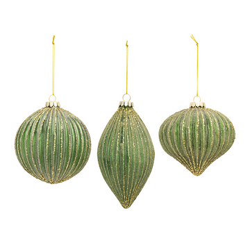 4.25-6” Green Ornament with Glitter Accent (Set of 3)