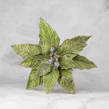 Green Velvet Poinsettia Stem with Gold Glitter
