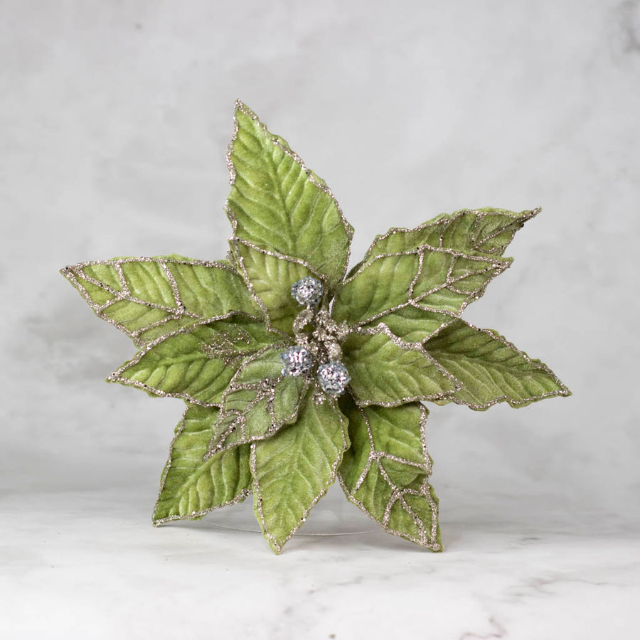 Green Velvet Poinsettia Stem with Gold Glitter