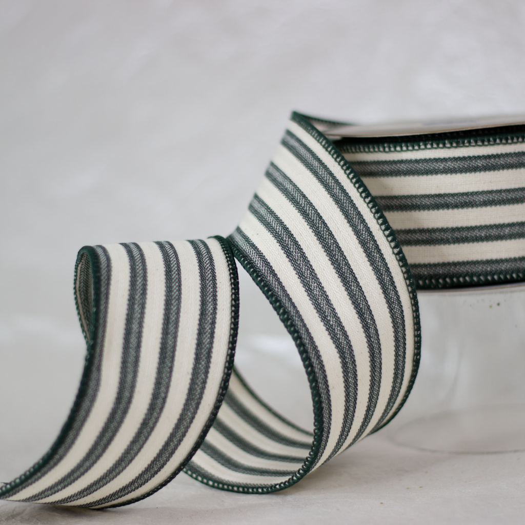 2.5" Dark Green and White Stripe Ribbon