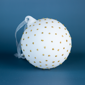 4” White Ball Ornament with Gold Glitter Polka Dots