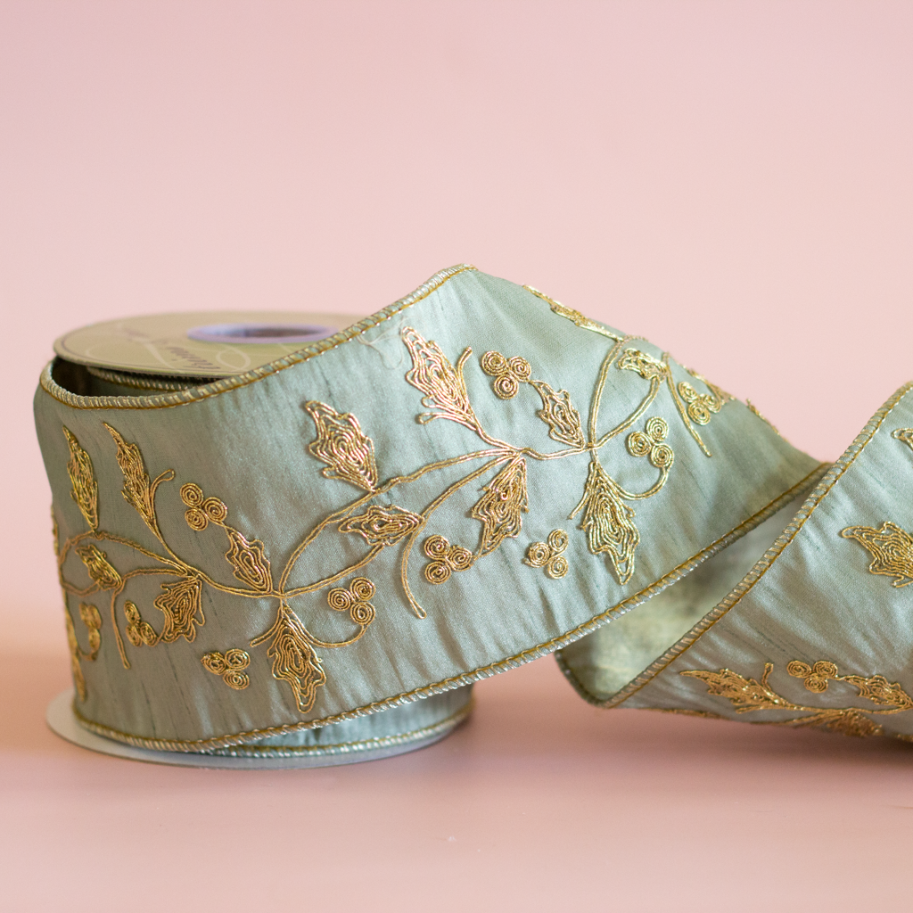 4" Green and Gold Embroidered Ribbon