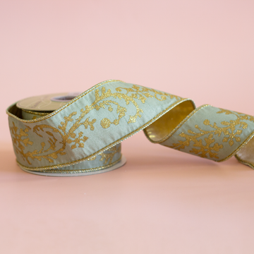 2.5" Green and Gold Embroidered Ribbon