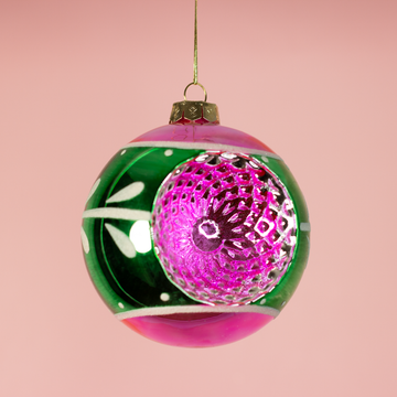 4” Pink And Green Glass Ball Ornament