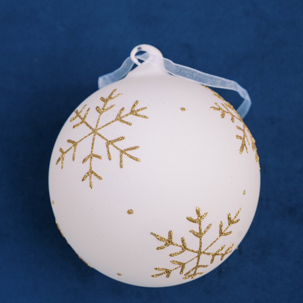 4.7” Large White Ball with Gold Snowflake Ornament