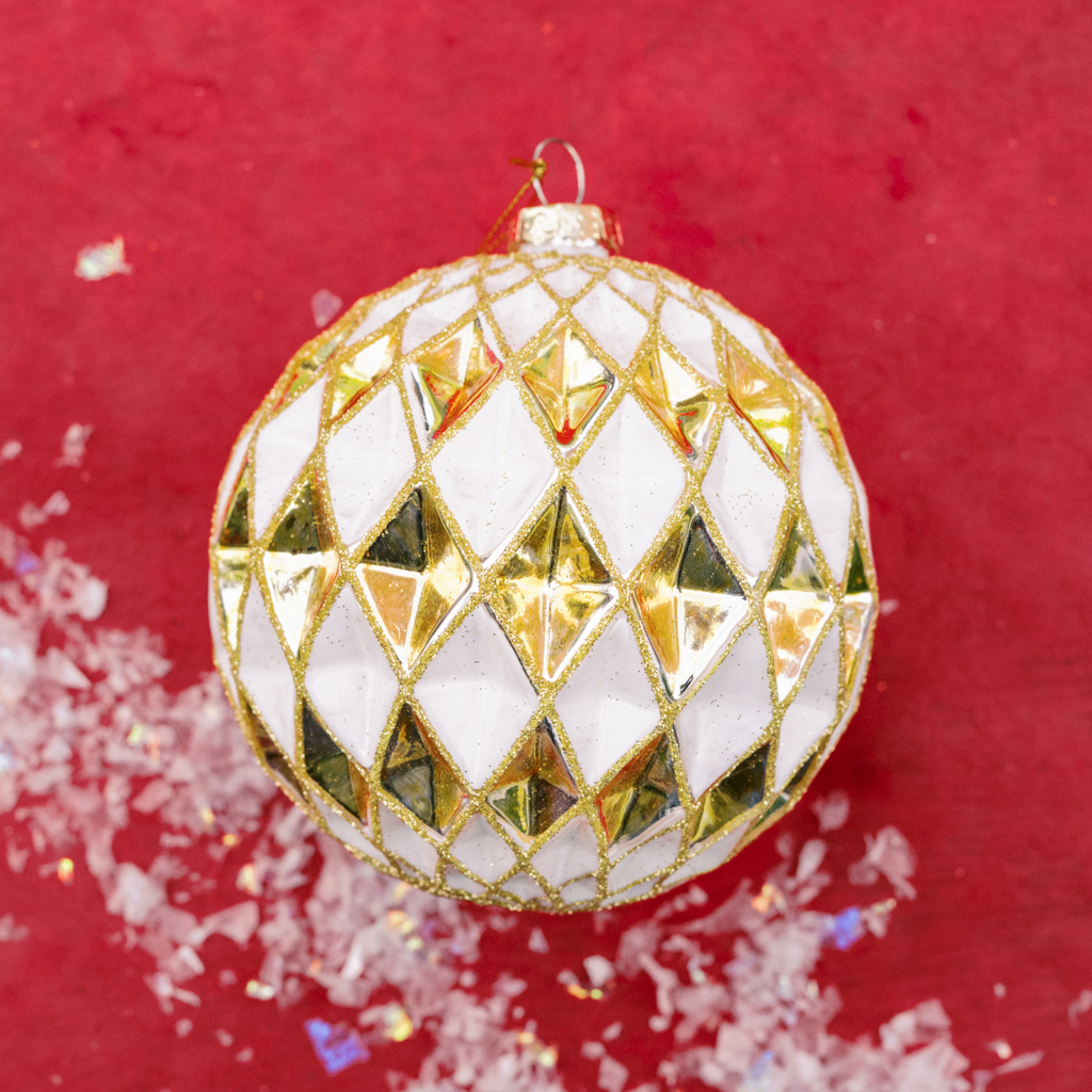 4” Geometric White and Gold Ball Ornament