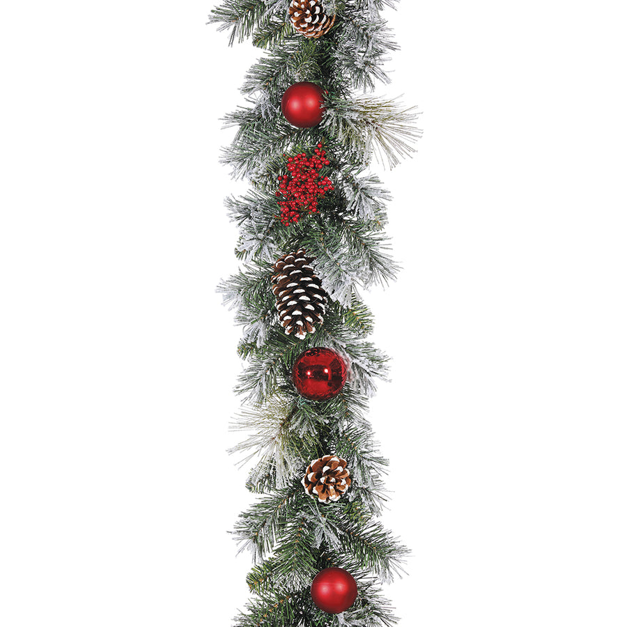 6' Pine Garland with Red Ornaments and Berries